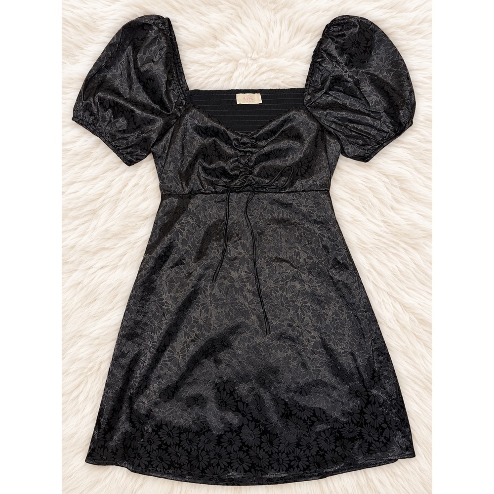 Altar'd State Black Floral Jacquard Puff Sleeve Cutout Mini Dress Medium